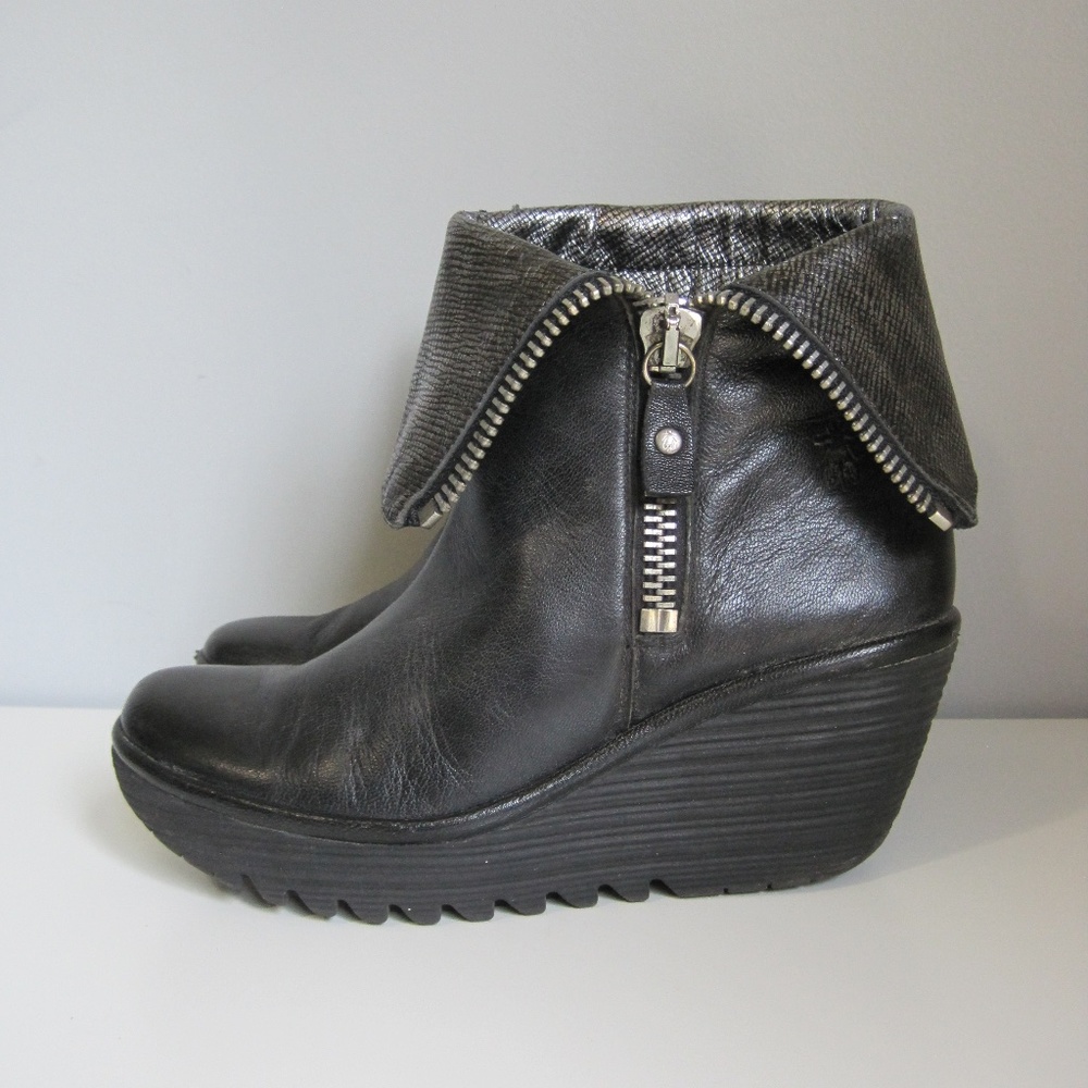 Fly London Black Leather Wedge Ankle Boots with Silver Zipper Detail